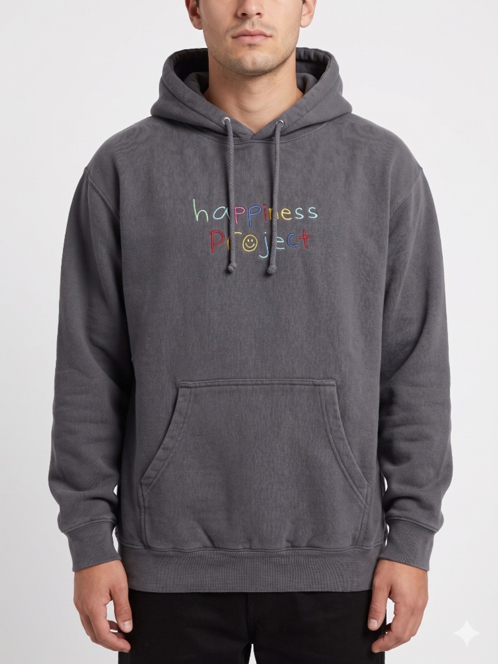Happiness Project Charcoal Grey Hoodie Size Large Embroidered Logo Sweatshirt
